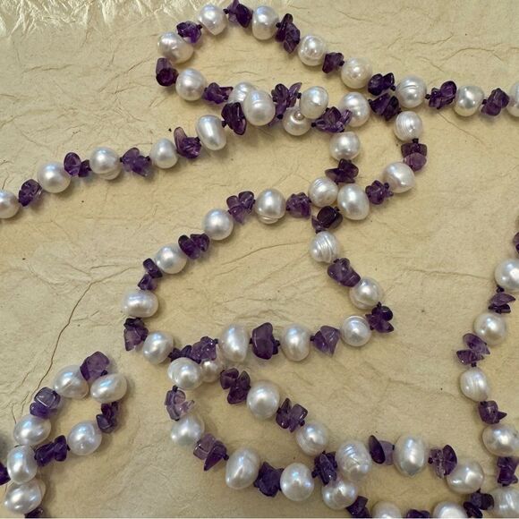 Purple Amethyst chip baroque freshwater pearl extra long double strand necklace - Picture 5 of 5